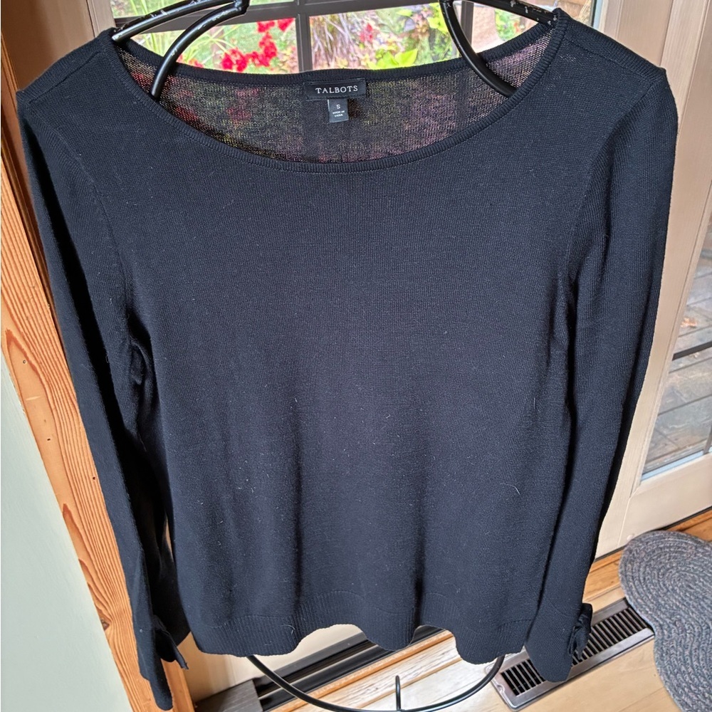 Talbots Womens Black Boat Neck Tie Cuff Long Sleeve Pullover Sweater Small NWT